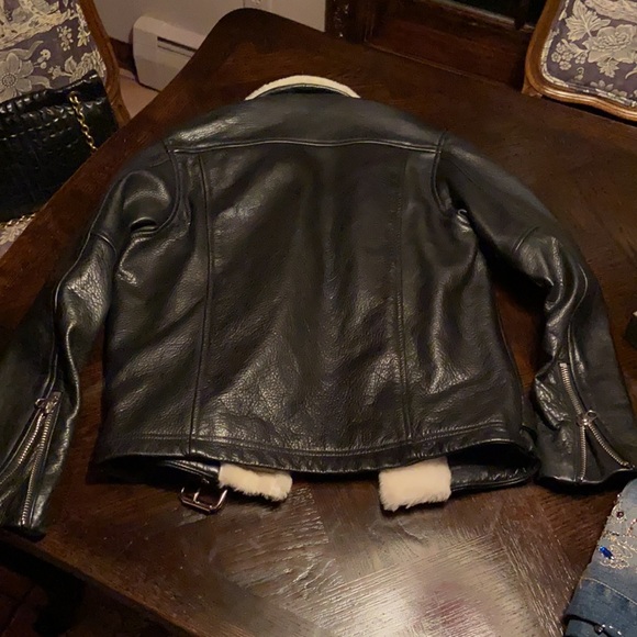 Shearling leather fur coat jacket white / cream and black - Picture 5 of 16